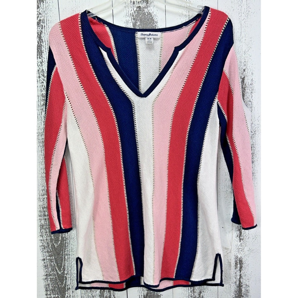 Tommy Bahama Womens Medium Pink Navy Striped Linen Cotton V-Neck Sweater 3/4 Slv